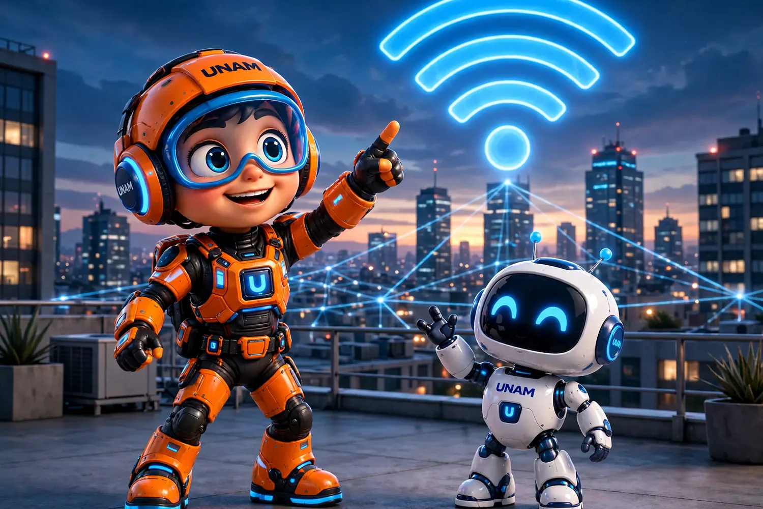 NEX and ZIG in front of a large Wi-Fi signal over the city